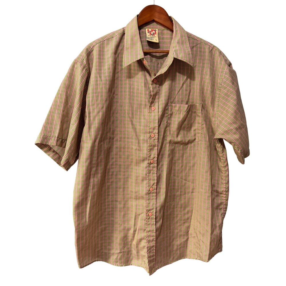 Old Skool Mens Plaid Button Down Shirt Short Sleeve Green Pink Check Large L